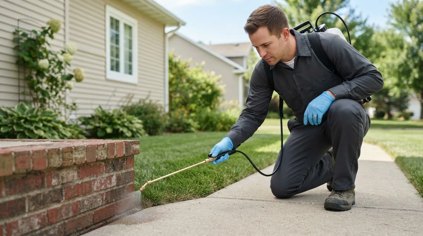 Pest control technician treating a home near Patterson, IA