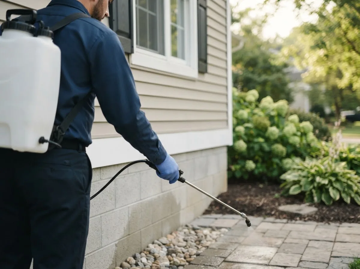 Pest control technician inspecting a home in Patterson, IA